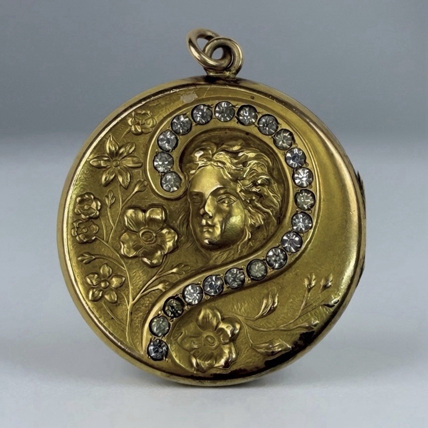 Antique Art Nouveau S&BL Co Gold Filled Locket Woman Profile Rhinestone Paste