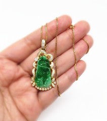 NYJEWEL GIA Certified 18k Gold Jadeite A Jade Diamond Pendant Necklace 18″ 翡翠
