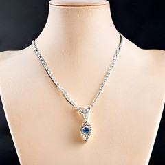 14K Solid White Gold Natural Blue Sapphire Reflect Pendant Necklace