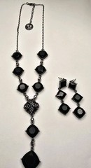 Vintage Crown Trifari Black Crystal Gunmetal Y-Drop Necklace & Earrings Set