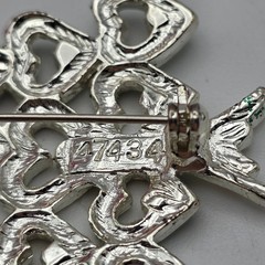 Christmas Tree Brooch Silver Tone Green Glitter Heart Clear Crystal Pin Holiday