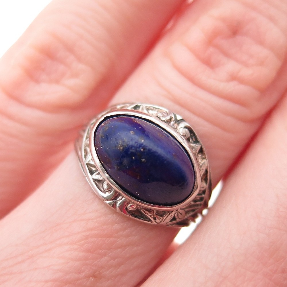 925 Sterling Silver Vintage Real Lapis Floral Oxidized Ring Size 4.25