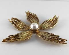 Vtg MCM Sterling Modernist Flower Brooch Mabe Pearl Gold Vermeil 5″ 71g Signed