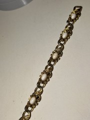 Vintage LJM Gold Victorian Revival Milk Glass Stone Bracelet 6.5”