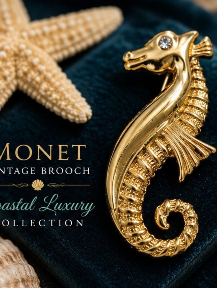 Vintage Monet Gold Tone Seahorse Brooch Rhinestone Eye Nautical Coastal Beach