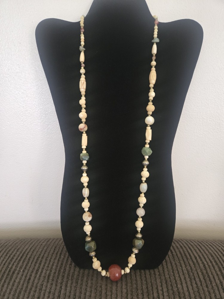 Vintage Stone And Carved Bovine Bone Beaded Necklace 32″