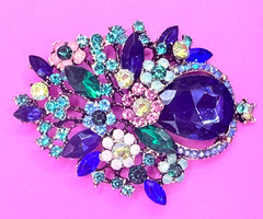 Gold Tone & Multicolor Rhinestones Flowers Bouquet Brooch Contemporary