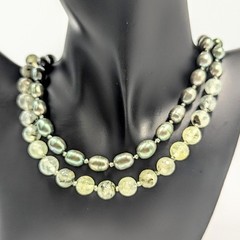 Prehnite & Pearl Sterling Silver 925 Clasp Knotted Vintage Necklace 36″