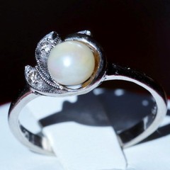 10k white gold size 6.75 ring 5.3mm cultured pearl natural diamond antique 2.28g