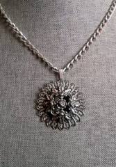 Vintage Filigree Flower 3D Pendant Lightweight Necklace W/button Clasp