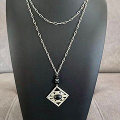 Vintage Modernist Geometric Pendant Necklace Simulated Black Onyx ~36”