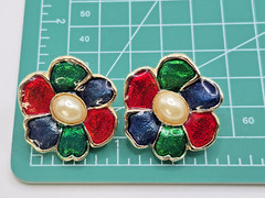 Vtg Clip Earrings 1980s-1990s Red Green Blue Floral w Faux Pearls Enamel Pretty