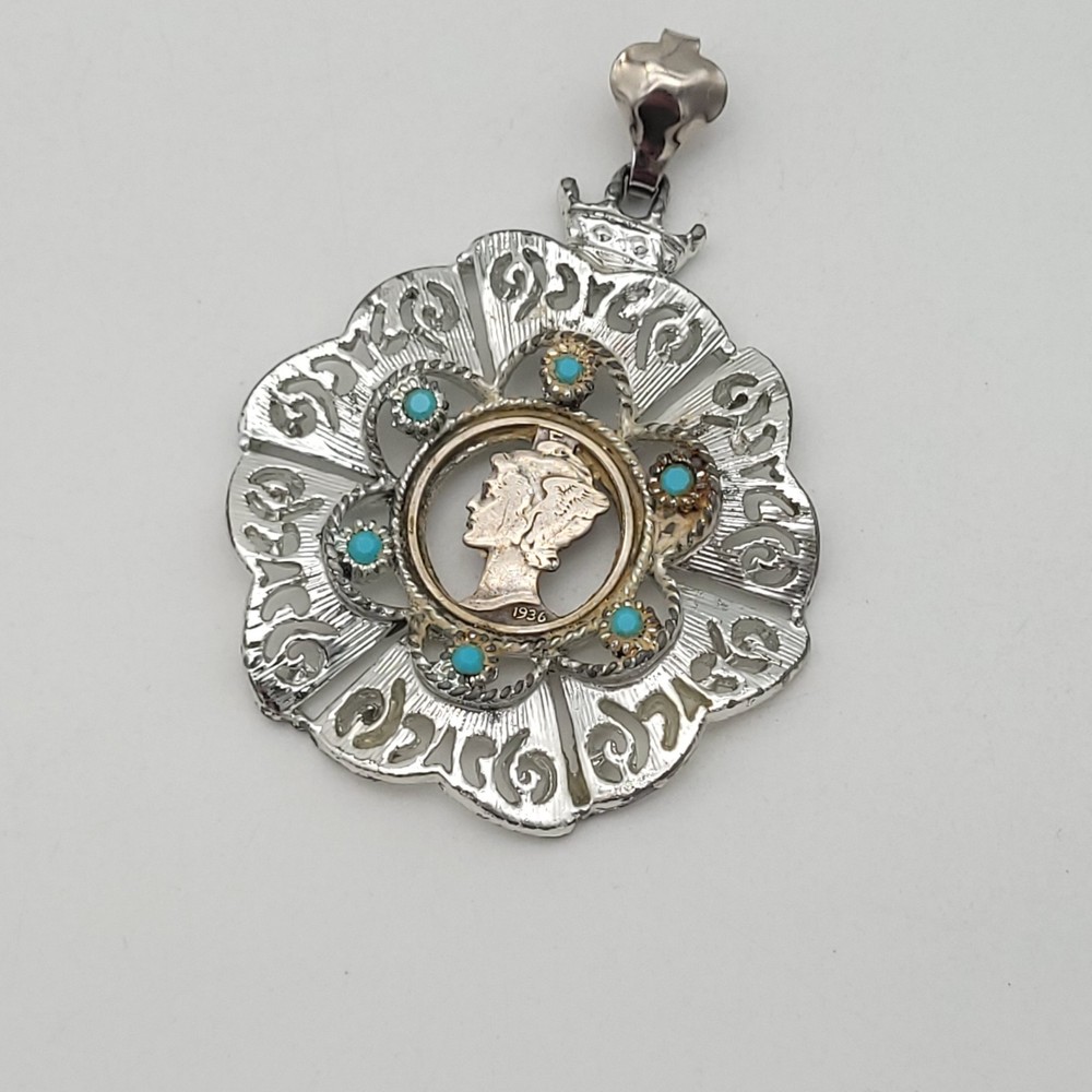Vtg Central Brand 1936 Mercury Dime Cutout Silver Tone Pendant, Faux Turquoise