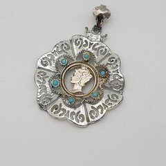 Vtg Central Brand 1936 Mercury Dime Cutout Silver Tone Pendant, Faux Turquoise