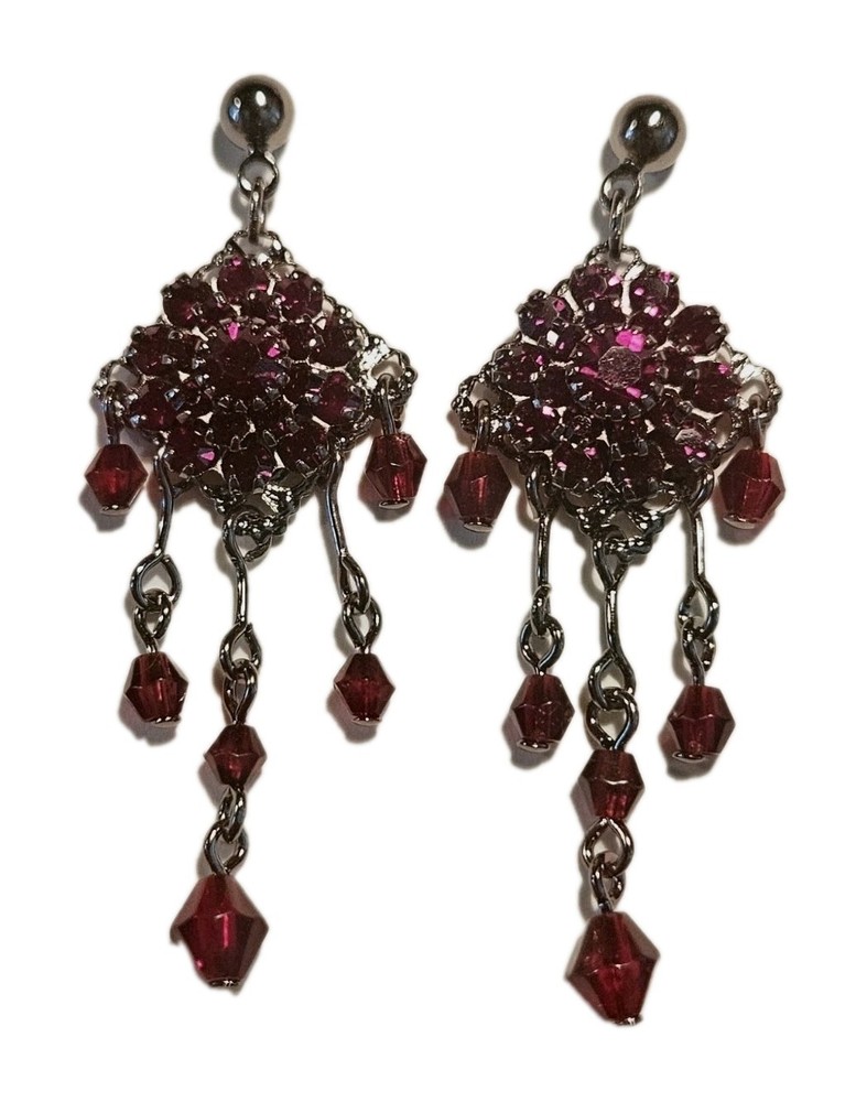 Victorian Style Faux Garnet Gunmetal Dangle Pierced Earrings 2 1/4″ Stunning New