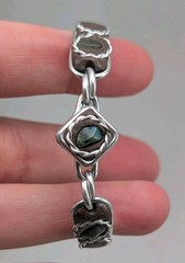 Dainty Vintage 50s Handmade Tin Art Green Stone And Leather Bracelet 6″