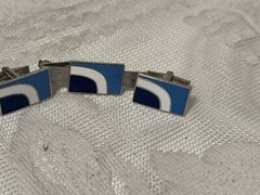 Vtg Matching Tie Bar & Cufflink Set Blue & White Enamel SilverTone W/ Box Retro