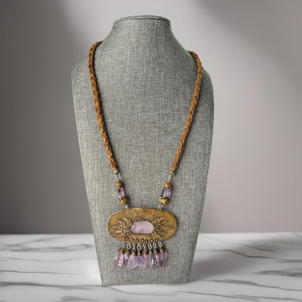 Vintage Artisan Amethyst Stone Polymer Clay Leather Statement Pendant Necklace