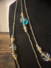 Vintage 56″ Teal & Amber Art Glass Lampwork Bead Long Strand Flapper Necklace
