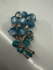 VTG Blue Moonglow Pot Metal Flower Bouquet Brooch Enamel 3″ Rhinestone Art Deco