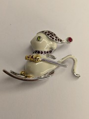 Silver Tone Enamel & Red Rhinestone Skiing Mouse Brooch