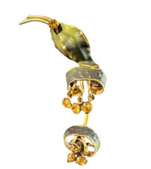 Vintage Made in Austria Green Leaf Flower Pin Rhinestones Gold Crystal Brooch 3”