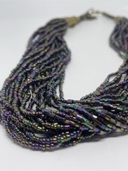 Vintage Oil Slick Iridescent Bead Torsade Necklace Statement Brass Boho Chic