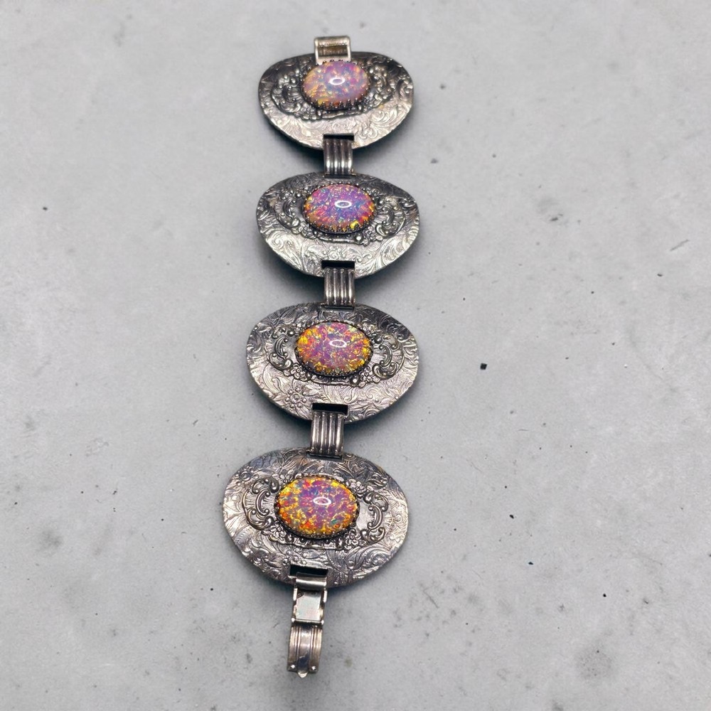 Vintage Sterling Silver Faux Fire Opal Panel Bracelet Ornate Floral Engraved