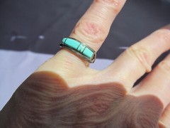 VINTAGE OLD PAWN STERLING ZUNI CS LONJOSE TURQUOISE INLAY RING SIZE 4.5