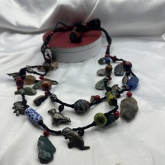 Vtg Indian Glass Beads Stone Nuggets and Seven Puffed Animals Cord Necklace.Read
