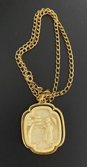 Vintage Crown Trifari Carved Faux Ivory Oriental Pendant Necklace GoldTone