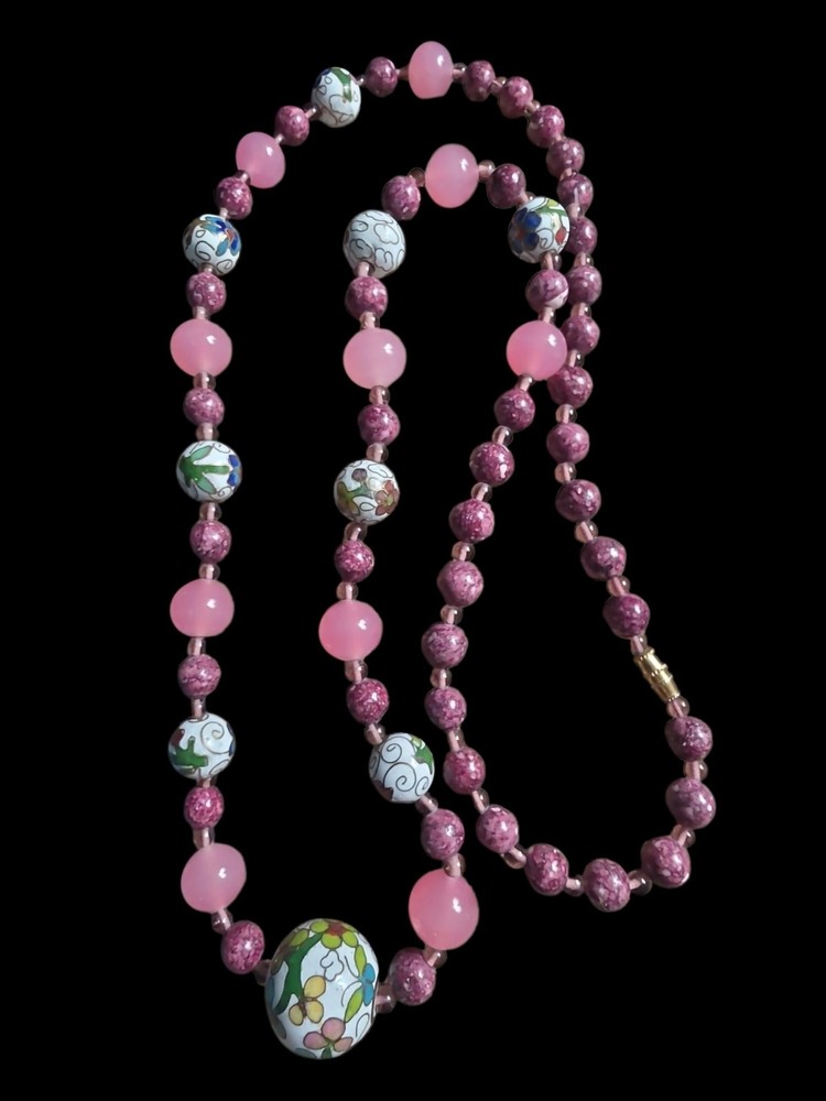 Vintage Cloisonne Rose Quartz & Purple Jasper Beaded Glass Necklace 30 1/2 In