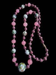 Vintage Cloisonne Rose Quartz & Purple Jasper Beaded Glass Necklace 30 1/2 In