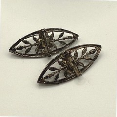 Vintage Art Deco Floral Set Pins Brooshes Black Cream Enamel Marquise Shape