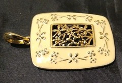 HAND ENAMELED FLORAL GOLD Off White FRAMED FORGET ME NOT CARTOUCHE PENDANT (403)