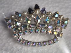 Signed Crown Brooch Pin Silver Tone AB Multicolor Rhinestones Faux Pearls