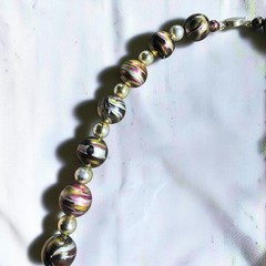 Vintage Marbled Lucite Bead Necklace Black Gold Pink Silver 24″ Mid Century