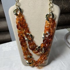 Large Link Amber Acrylic/lucite Two Tier Necklace With Gold Tone Spacer Links