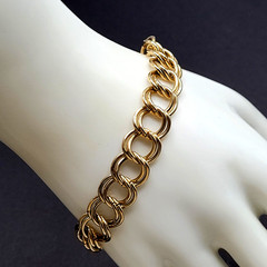 Fancy Double Circular Link Fancy Curb Shiny Gold Tone Vintage Chain Bracelet