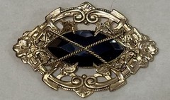 Reminiscence Brooch France, 3 1/8” Long x 2” Tall ~ Gold Tone ~ Black Onyx Stone
