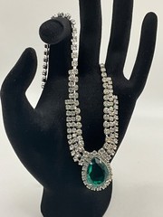 Vintage Emerald Green Glass & Clear Rhinestone Statement Necklace Silver Tone