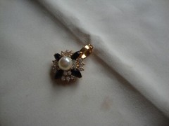 Vintage Fashion Jewelry Faux Pearl Black Marquise & Clear Rhinestone Pendant