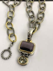 Vintage Silver and Gold Tone Cable Chunky Chain Necklace w/ Purple Stone Pendant