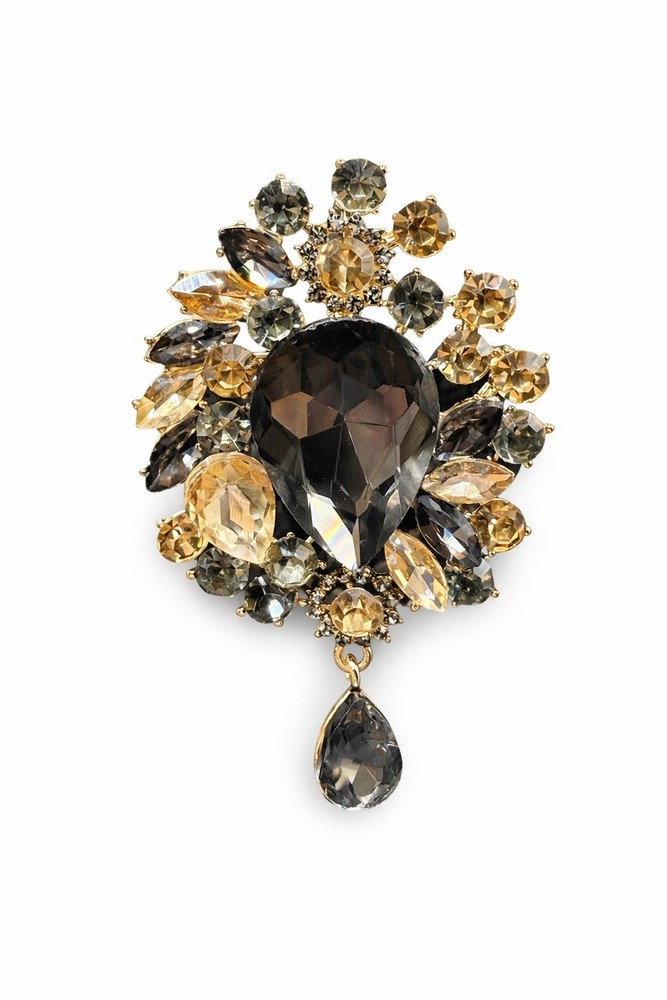 Vintage Rhinestone Brooch Dangle Pendant Smoky Black Gray Topaz Statement Pin 3”