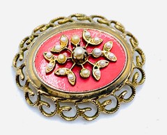 VTG Coro Faux Pearl Salmon Color Enamel Filigree 1950s 1960s Brooch