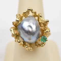 1950s 14k Gold Textured Ring Sz 8 w/Blue Baroque Pearl 10-12mm Emerald 11.4g