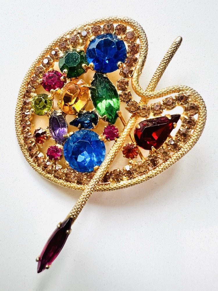 Vintage Weiss Brooch Pin Red Blue Green Rhinestone Artist Painters Palette ￼