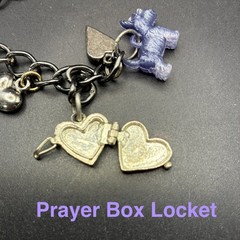 Vintage Bracelet & Charms of Mixed Metals Black: Hearts, LOCKET, Prayer Box, Dog
