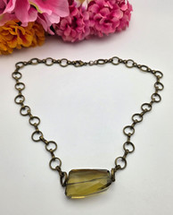 Vintage Olive Green Faceted Glass Pendant Necklace Brass Rolo Chain 19 In
