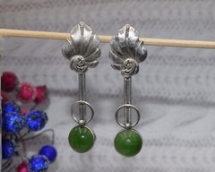 Soviet VTG old Ukraine earrings Sterling SILVER 925 stone green nephritis
